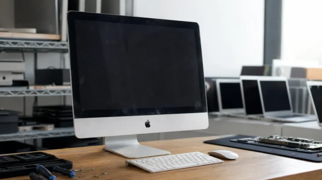 Starší stříbrný Intel iMac na stole, ilustrace k tématu vintage a obsolete zařízení Apple