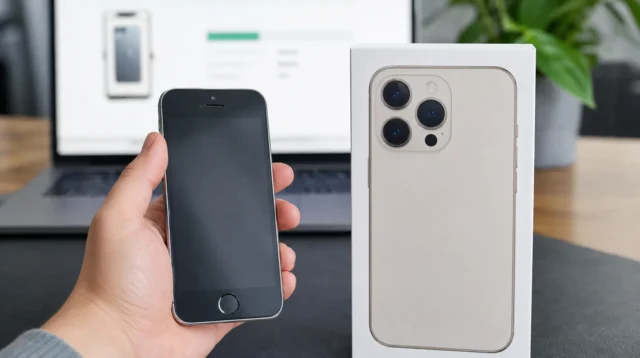 Starší iPhone připravený k výkupu vedle krabice nového iPhonu