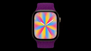 Apple Watch Series 12 s barevným ciferníkem a fialovým řemínkem