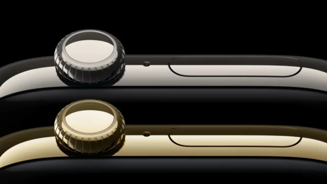 Dvoje Apple Watch z profilu, stříbrné a zlaté pouzdro s korunkou