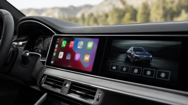 Displej auta s rozděleným zobrazením CarPlay a nativního rozhraní výrobce Displej auta s rozděleným zobrazením CarPlay a nativního rozhraní výrobce