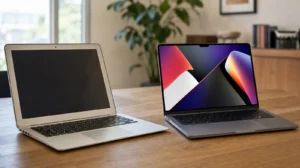Starší Intel MacBook vedle novějšího Macu s Apple Silicon