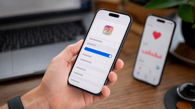 iPhone s obrazovkou nastavení veřejné bety iOS 27.2 a appkou Zdraví