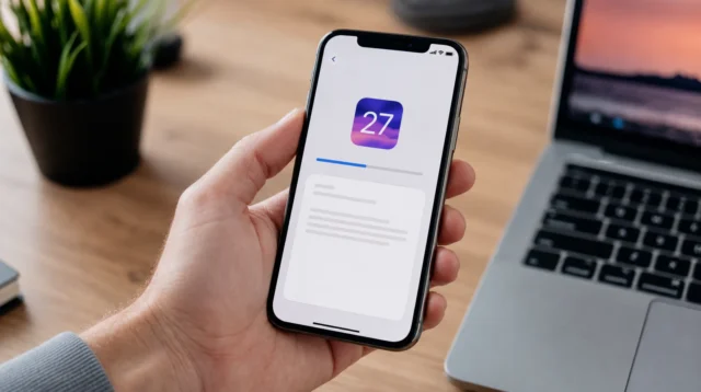 Obrazovka Aktualizace softwaru na starším iPhonu během stahování iOS 27