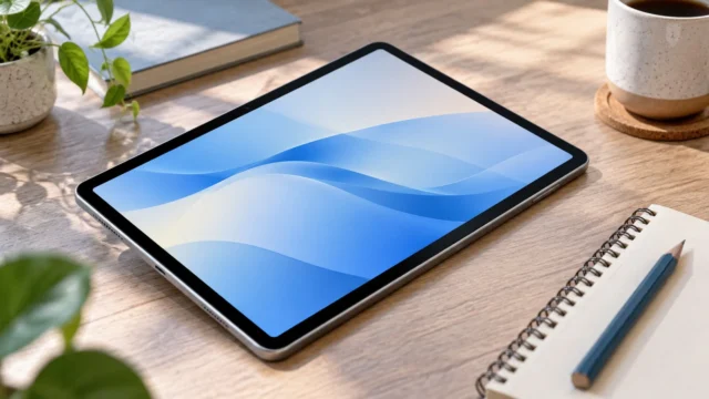 Základní iPad na stole s otevřeným textovým dokumentem Základní iPad na stole s otevřeným textovým dokumentem