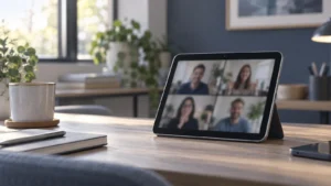 Malý tablet položený na šířku při videohovoru