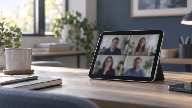 Malý tablet položený na šířku při videohovoru Malý tablet položený na šířku při videohovoru