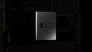 Čip Apple A20 Pro v pouzdře nad základovou deskou iPhonu