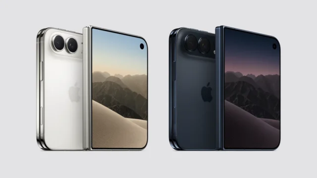 Skládací iPhone Duo napůl otevřený s viditelným vnitřním a vnějším displejem