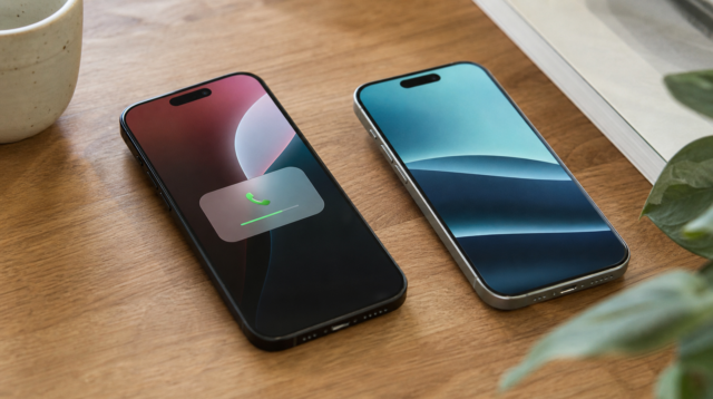 Dva iPhony s telefonním hovorem, mezi kterými se přepíná jedno sdílené číslo