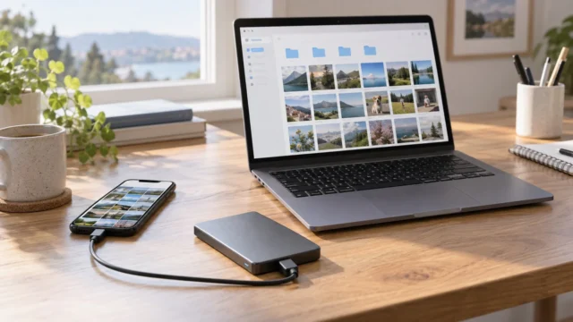 iPhone vedle externího disku a symbolu cloudu