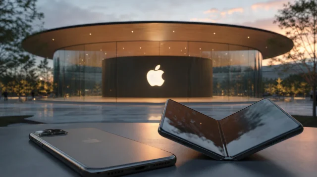 Pódium Apple keynote s logem a obrysy iPhonu a skládacího telefonu Pódium Apple keynote s logem a obrysy iPhonu a skládacího telefonu