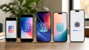Několik modelů iPhonu vedle sebe s displejem ukazujícím aktualizaci na iOS 27
