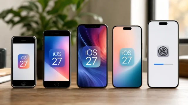 Několik modelů iPhonu vedle sebe s displejem ukazujícím aktualizaci na iOS 27