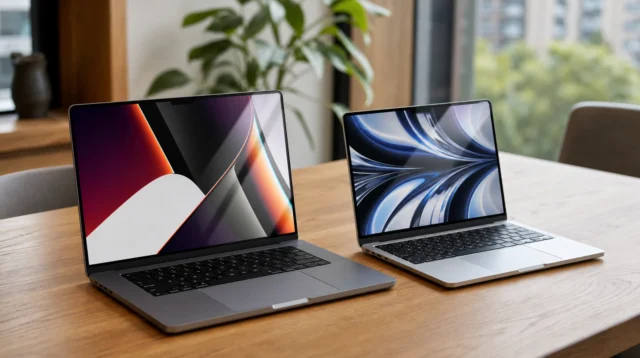 MacBook Pro a MacBook Air položené vedle sebe na stole
