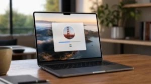 MacBook s obrazovkou aktualizace softwaru na macOS 27 Golden Gate