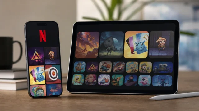 iPhone a iPad s otevřenou appkou Netflix a herním katalogem na displeji iPhone a iPad s otevřenou appkou Netflix a herním katalogem na displeji
