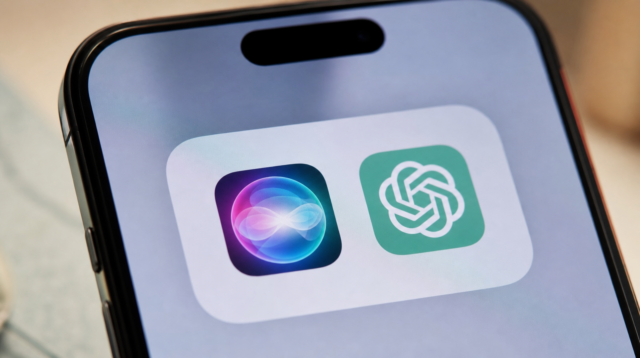 Ikona Siri a logo ChatGPT na displeji iPhonu