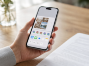 Jak vytvořit PDF z fotek na iPhonu (2026): rychlý návod krok za krokem iPhone v ruce s nabídkou sdílení fotek a ikonou PDF
