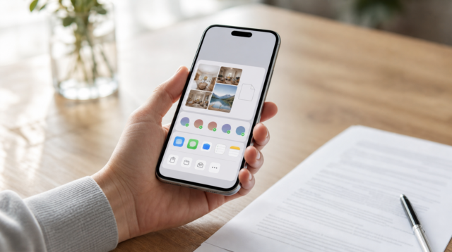 iPhone v ruce s nabídkou sdílení fotek a ikonou PDF