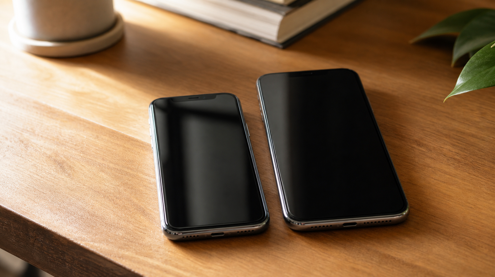 Starší iPhone X vedle novějšího iPhonu na dřevěném stole