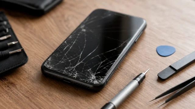 iPhone s prasklým displejem vedle servisního nářadí