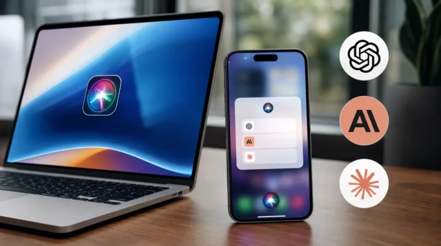 Ilustrace výběru AI asistenta v rozhraní Siri na iPhonu