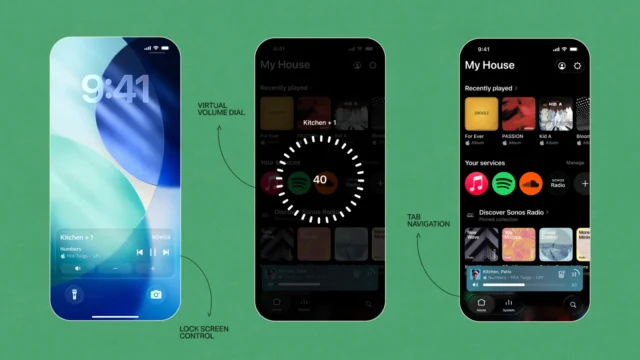Tři obrazovky iPhonu s aplikací Sonos 27: ovládání na uzamčené obrazovce, virtuální ovladač hlasitosti a nová navigace Tři obrazovky iPhonu s aplikací Sonos 27: ovládání na uzamčené obrazovce, virtuální ovladač hlasitosti a nová navigace