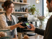 Jak si malá kavárna udělá vlastní věrnostní kartu do Peněženky Obsluha kavárny skenuje věrnostní kartu z Apple Wallet na displeji iPhonu u pokladny