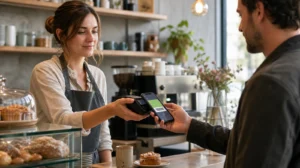 Obsluha kavárny skenuje věrnostní kartu z Apple Wallet na displeji iPhonu u pokladny