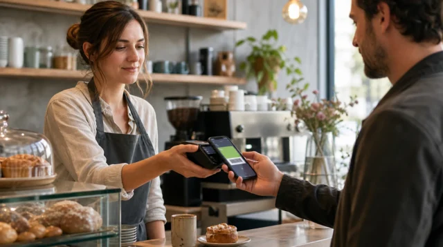 Obsluha kavárny skenuje věrnostní kartu z Apple Wallet na displeji iPhonu u pokladny