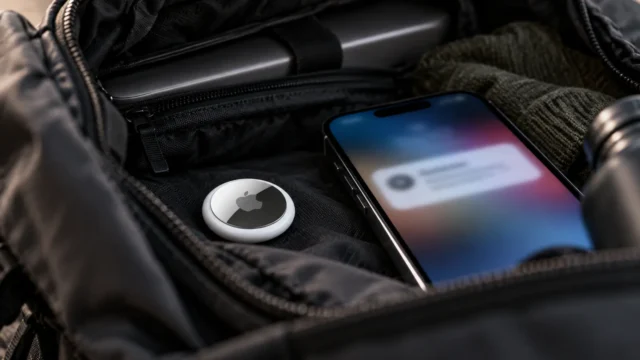 AirTag ukrytý v batohu vedle iPhonu s upozorněním na sledování