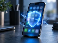 Apple zpřísnil pravidla App Storu: intimní deepfaky musí vývojáři mazat iPhone s rozostřenými ikonami aplikací a symbolem štítu jako ilustrace ochrany v App Storu