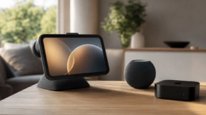 Ilustrace chystaného hubu Apple pro chytrou domácnost spolu s HomePodem mini a Apple TV