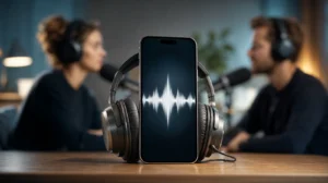 iPhone se zvukovou vlnou na displeji a sluchátky jako symbol AI podcastu