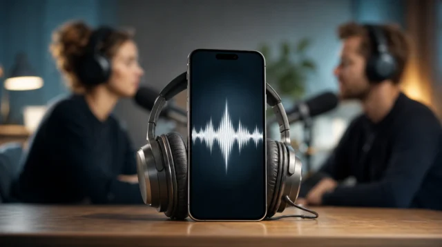 iPhone se zvukovou vlnou na displeji a sluchátky jako symbol AI podcastu
