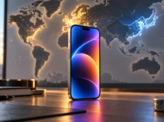 Apple Intelligence má v prosinci dorazit do Číny: Siri AI ale chybí iPhone se zářícím displejem před mapou světa se zvýrazněnou Asií a Evropou