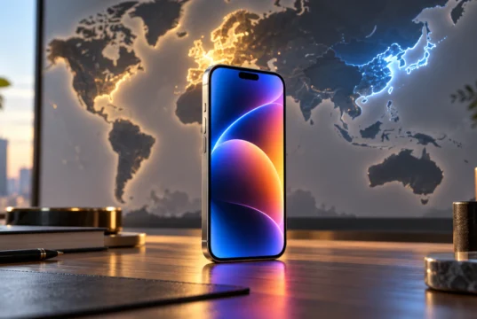 Apple Intelligence má v prosinci dorazit do Číny: Siri AI ale chybí iPhone se zářícím displejem před mapou světa se zvýrazněnou Asií a Evropou