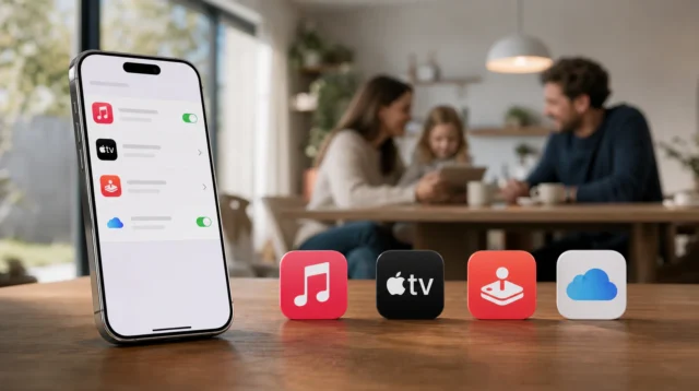iPhone s nabídkou předplatných a ikonami služeb Apple One