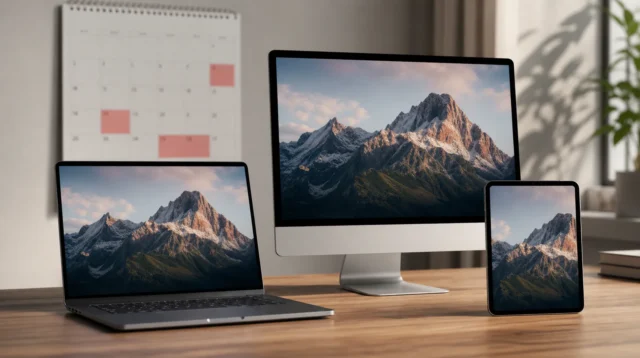 MacBook Pro, iMac a iPad mini na stole s kalendářem na říjen