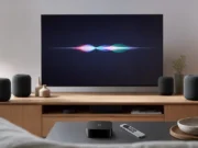 Nová Apple TV 4K má dostat Siri AI: kód tvOS 27.2 ukazuje chytré odpovědi Apple TV 4K s ovladačem Siri Remote u televize, kolem čtyři reproduktory HomePod