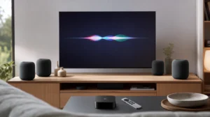 Apple TV 4K s ovladačem Siri Remote u televize, kolem čtyři reproduktory HomePod