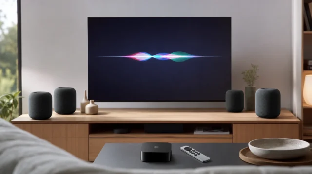 Apple TV 4K s ovladačem Siri Remote u televize, kolem čtyři reproduktory HomePod