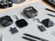 Apple Watch Series 12 jdou podle iFixitu opravit o kousek snáz než dřív Rozebrané Apple Watch s odděleným displejem a baterií vedle pouzdra hodinek