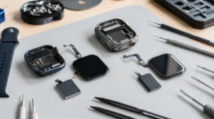 Rozebrané Apple Watch s odděleným displejem a baterií vedle pouzdra hodinek