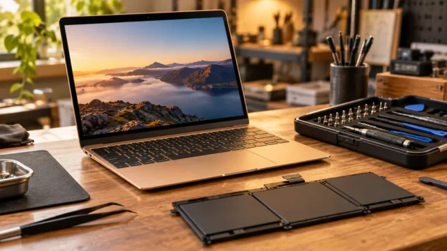 12palcový MacBook na servisním stole vedle nářadí a vyjmuté baterie 12palcový MacBook na servisním stole vedle nářadí a vyjmuté baterie