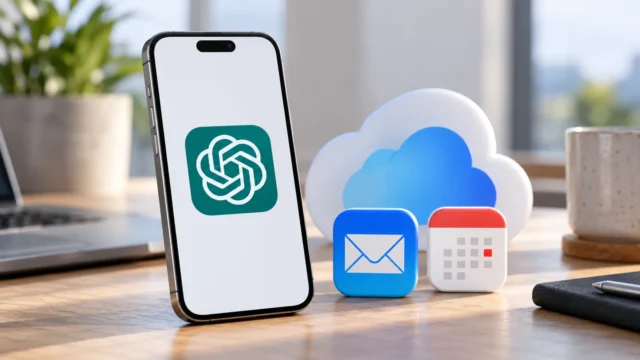 iPhone s aplikací ChatGPT a ikonami Mailu a Kalendáře z iCloudu