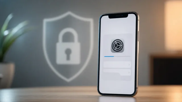 iPhone se zobrazenou nabídkou aktualizace softwaru a symbolem zabezpečení