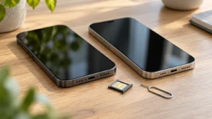 Dva iPhony na stole vedle vytaženého šuplíku s nano-SIM kartou