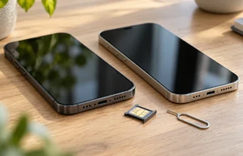 Dual SIM na iPhonu: jak mít dvě čísla a proč to není iPhone Duo Dva iPhony na stole vedle vytaženého šuplíku s nano-SIM kartou